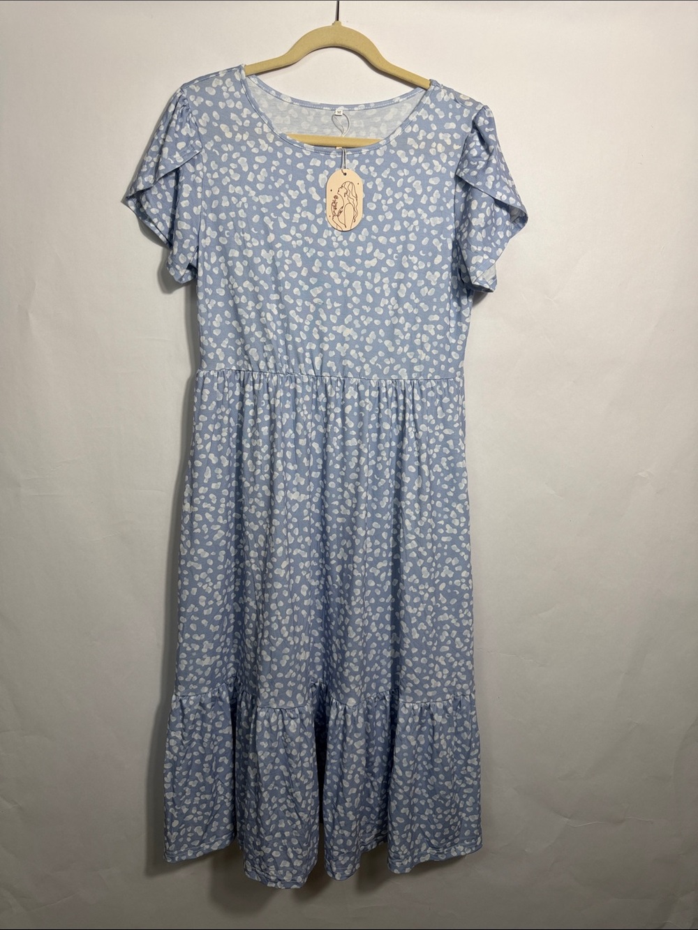 Light Blue White Spotted Tiered Flutter Sleeve Midi Dress M